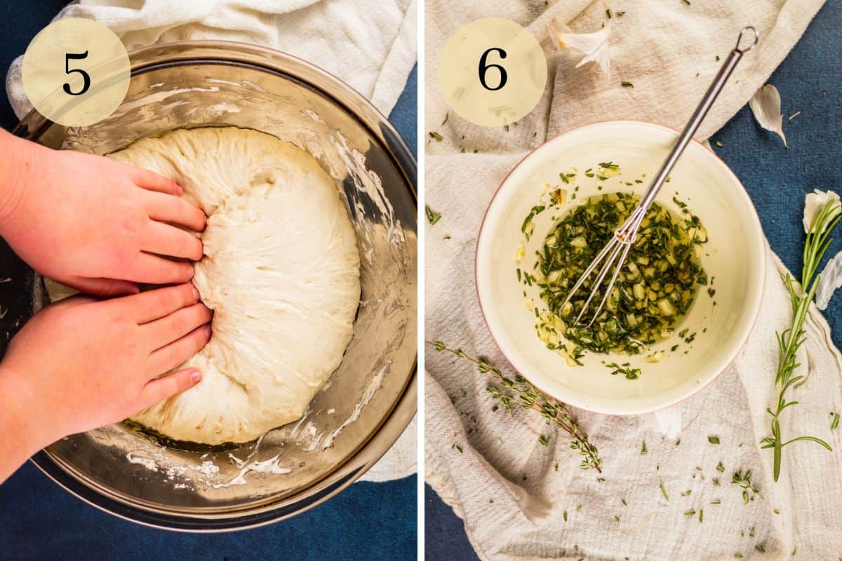 hands pressing in ball of dough and bowl with olive oil, herbs and garlic mixed together.
