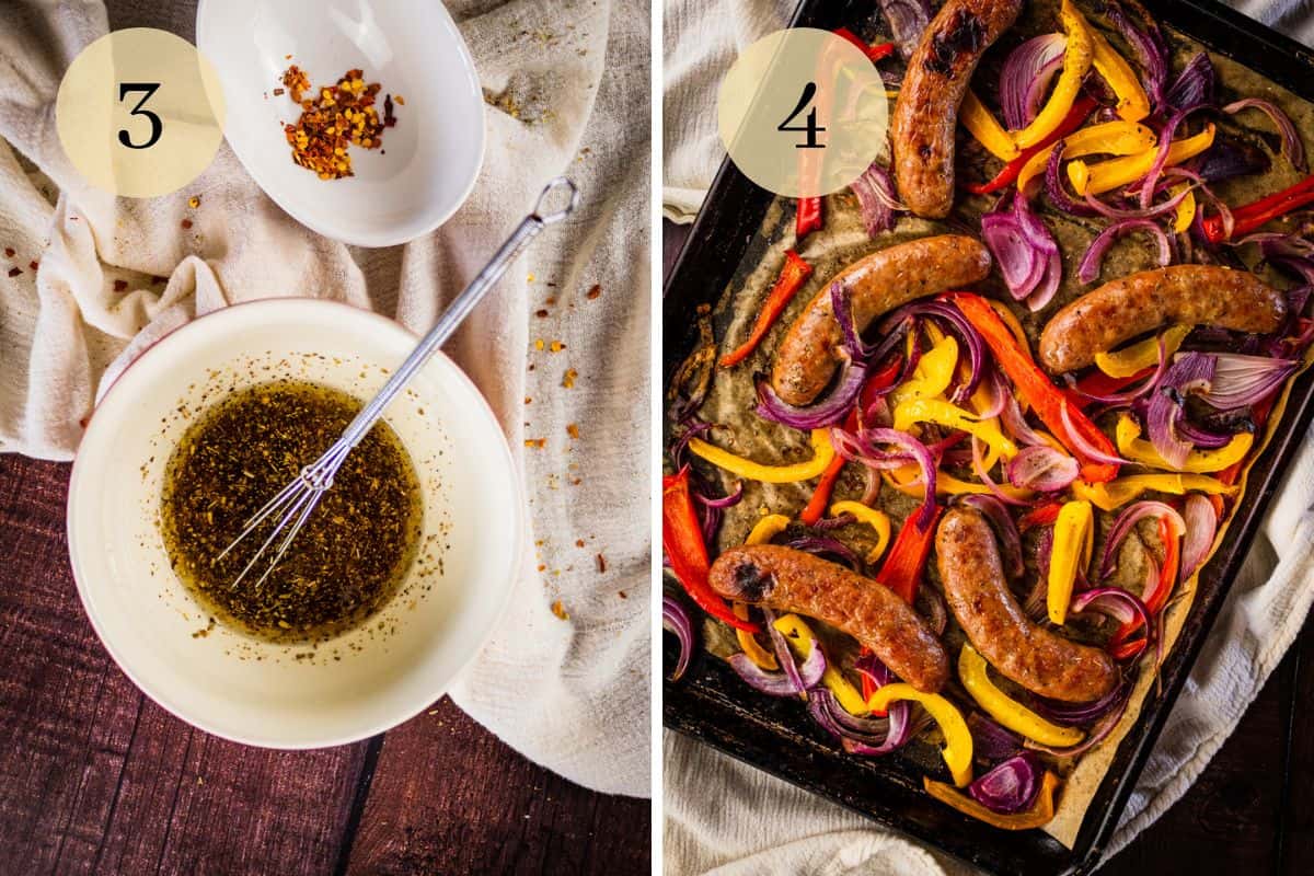 olive oil, vinegar and seasonings mixed in a bowl and baked sausage and peppers on a sheet pan.