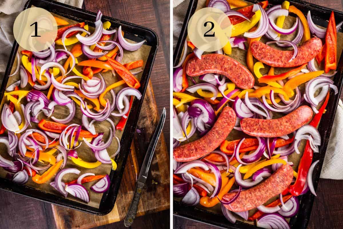 sliced onions and peppers on a sheet pan and sausage added in.