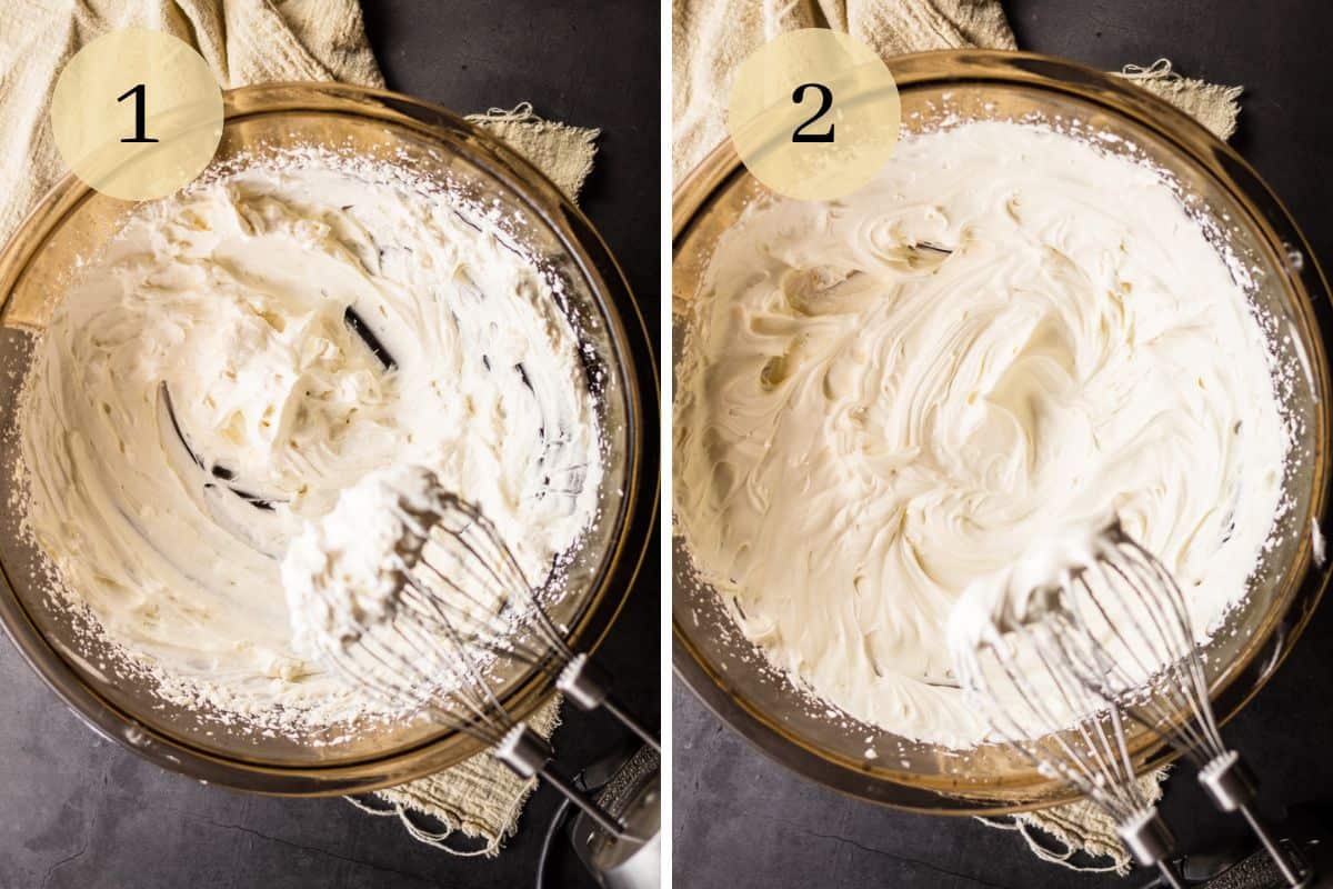bowl of whipped cream with a hand mixer and mascarpone cream into another bowl.