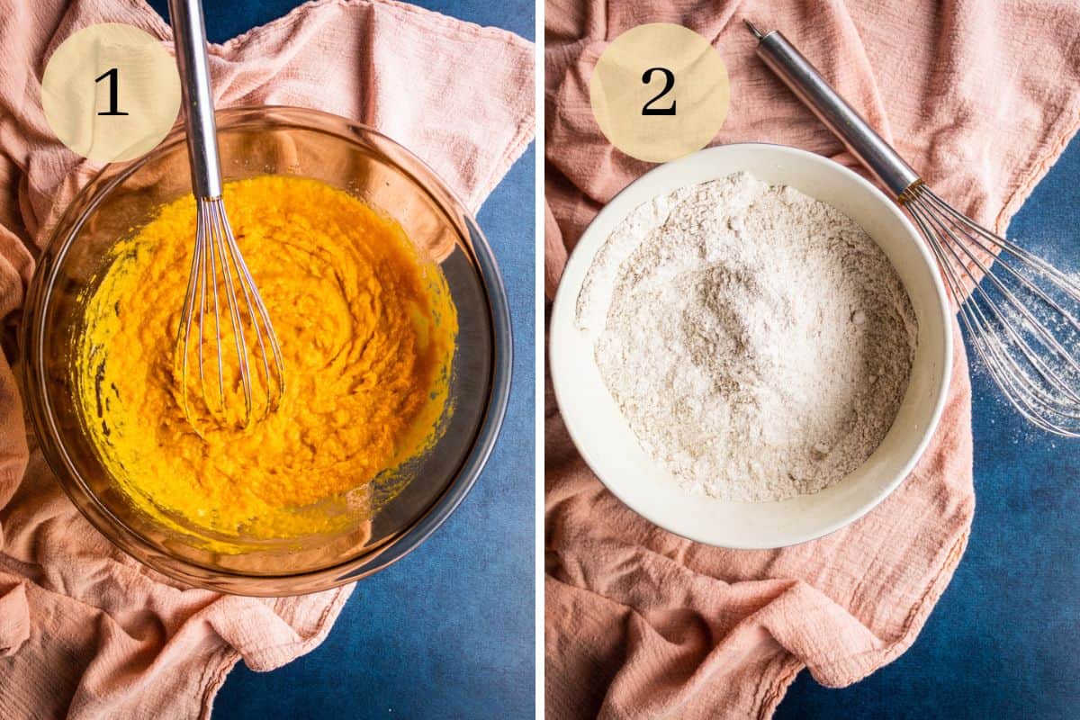 Pumpkin batter mixture in a bowl with a whisk and dry flour mixture in another bowl.