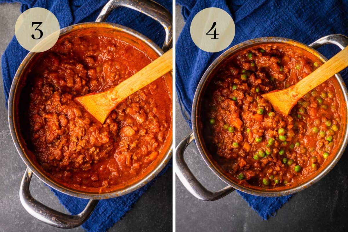 reduced ragu meat sauce in pot with wooden spoon and peas stirred into ragu sauce.