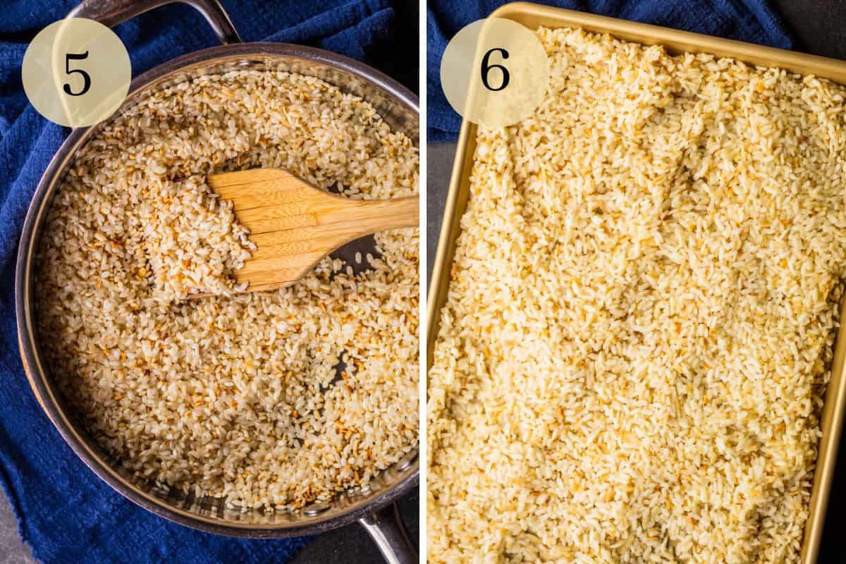 toasted arborio rice in skillet with wooden spatula and cooked arborio rice cooling on sheet pan.