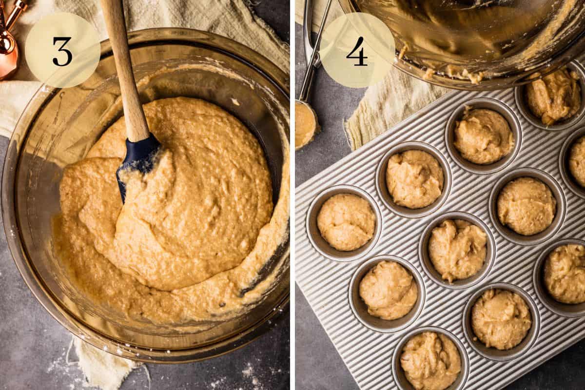 rubber spatula in a mixing bowl with muffin batter and batter in muffin tin before baking.