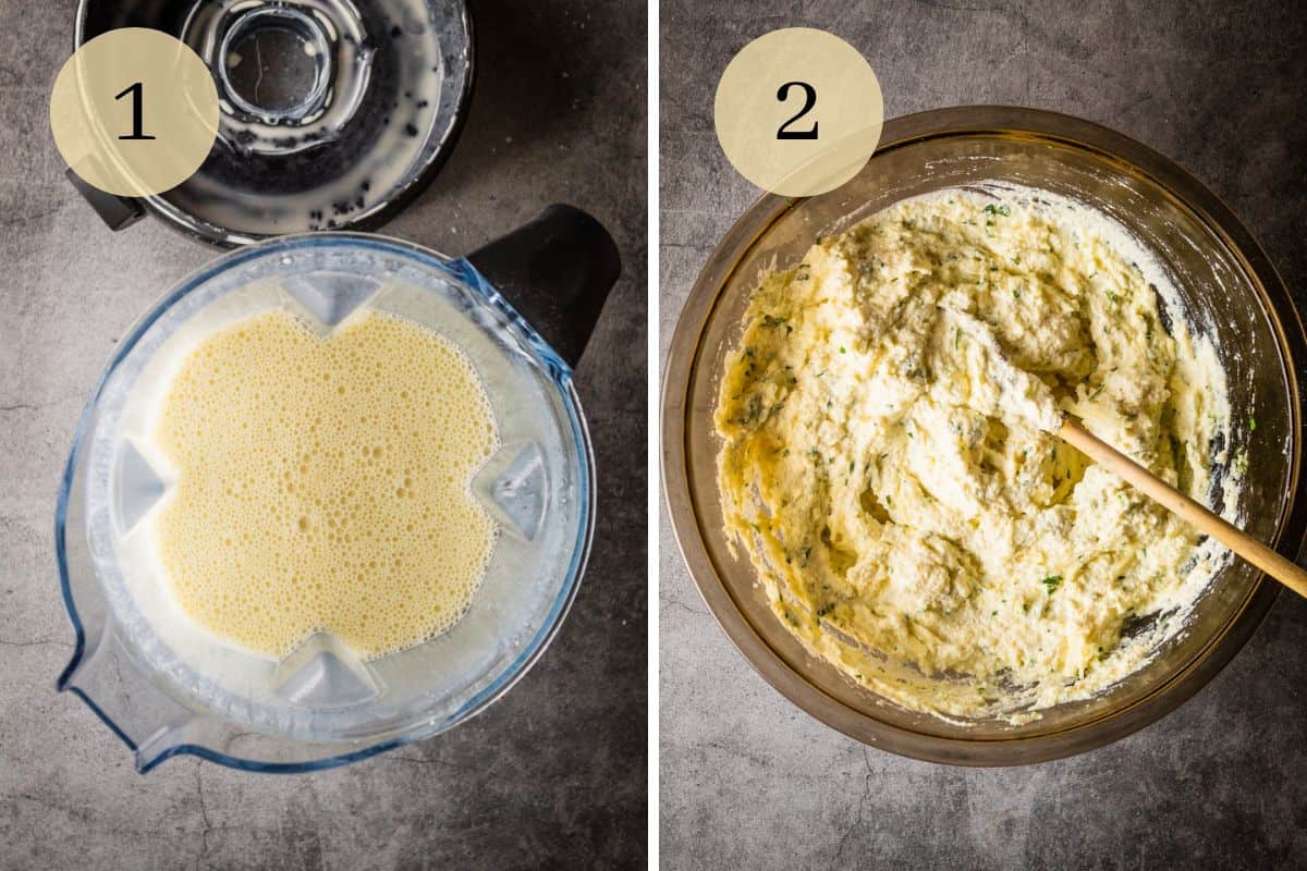 blended crepe batter in a blender and mixed ricotta cheese filling in a mixing bowl.
