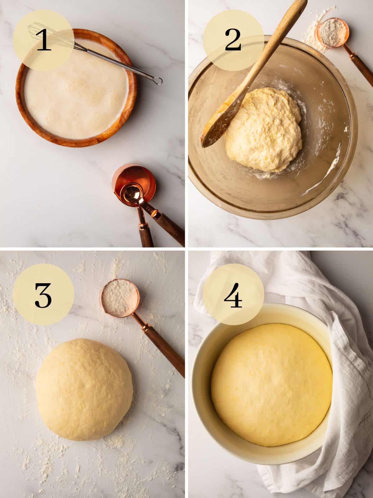 yeast mixture in bowl, mixed dough with spoon, kneaded dough, and risen dough in bowl.