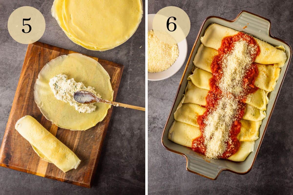 spoon spreading ricotta cheese filling on a crepe and crepes in baking dish topped with sauce and cheese.