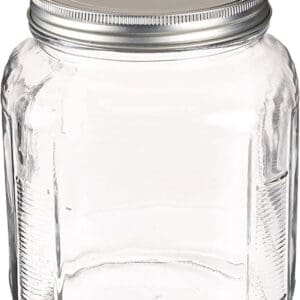 large clear glass jar with silver lid.
