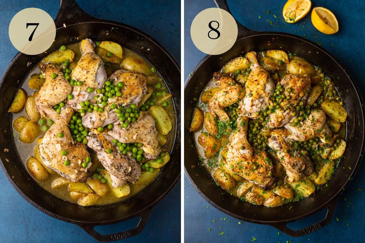 chicken potatoes and peas with sauce before and after cooking. 