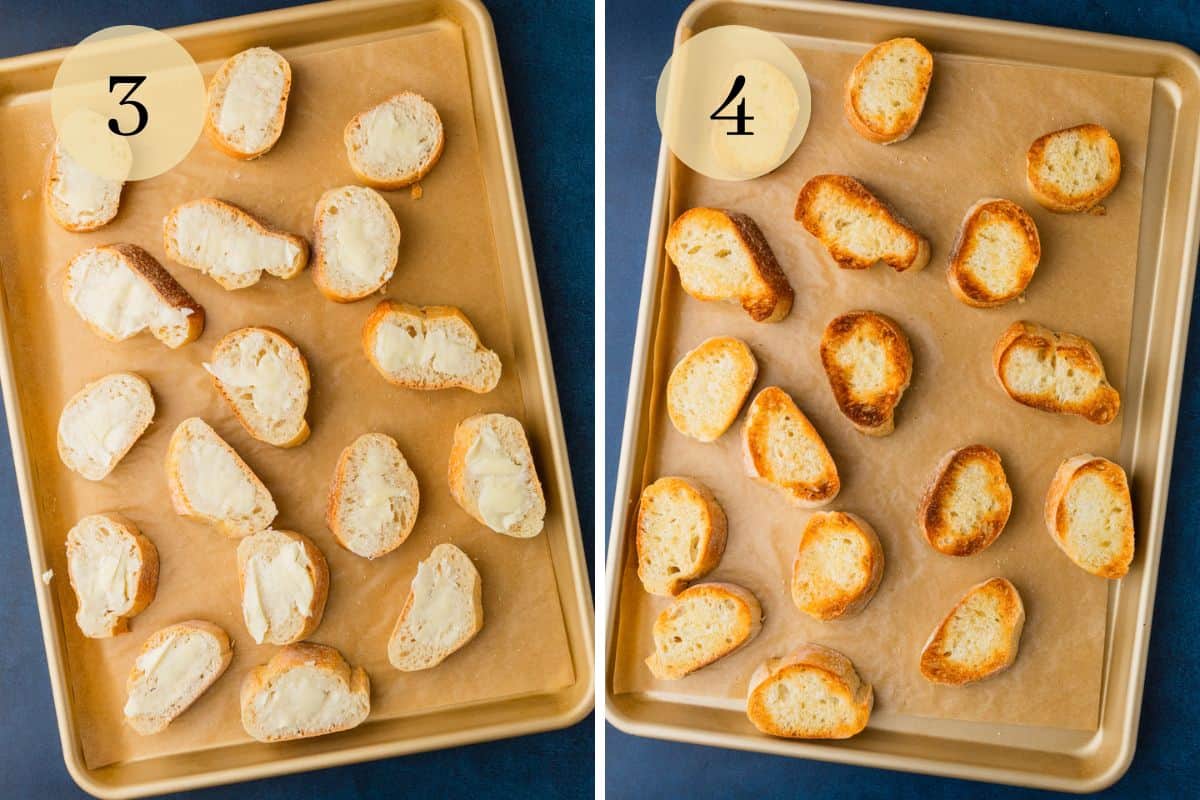 sliced baguette with butter and garlic salt before and after toasting them in the oven.