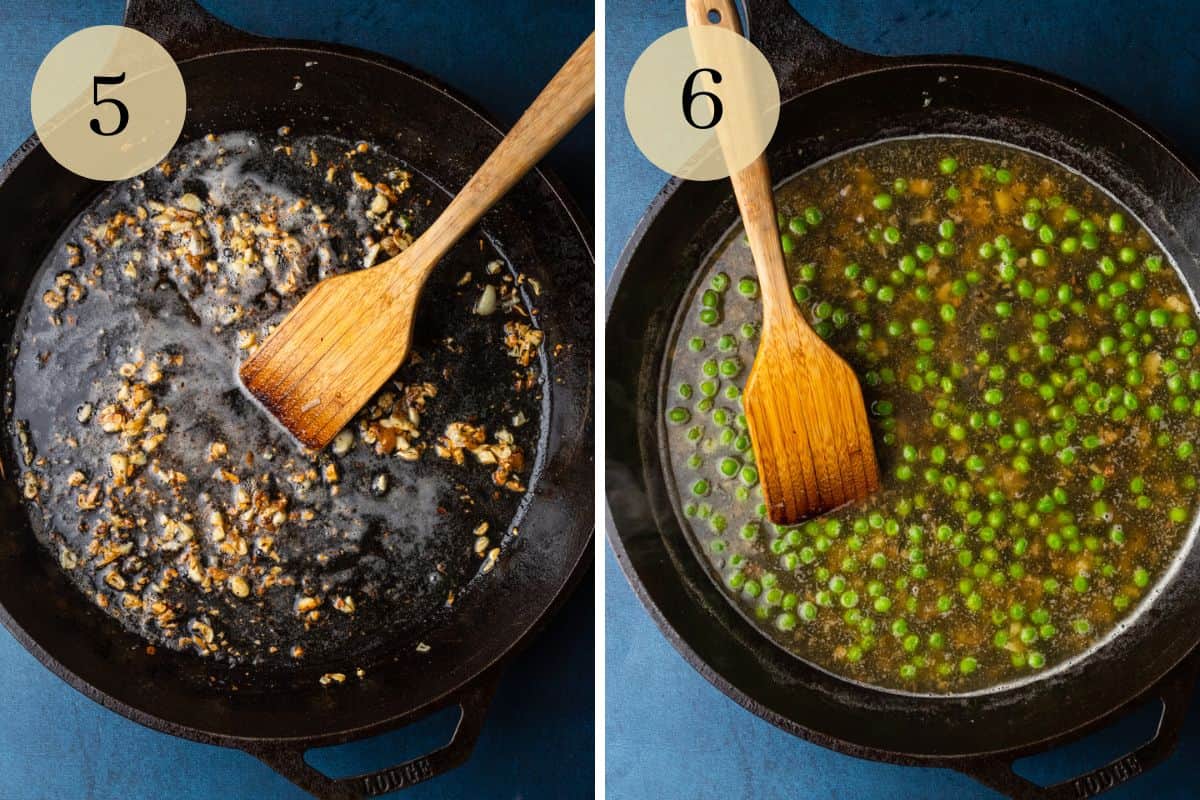 garlic cooking in a cast iron skillet and peas and a sauce in the skillet.