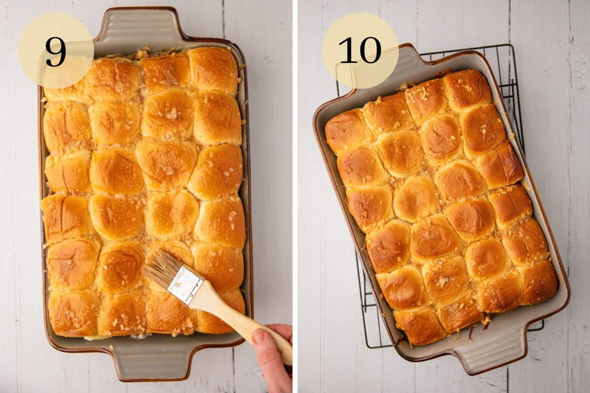 hand brushing butter topping on rolls and baked sliders in a dish on a cooling rack.