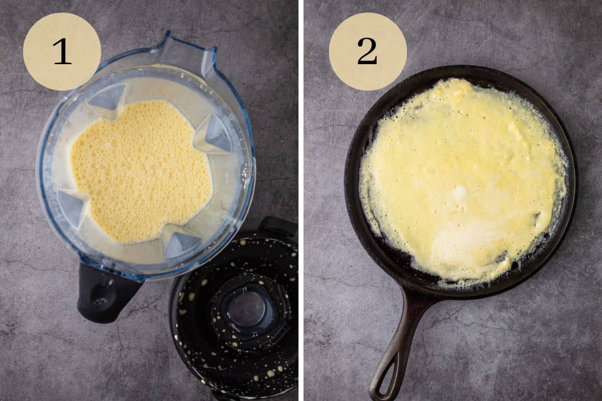 crepe batter mixed in a blender and cooking on a cast iron griddle pan.