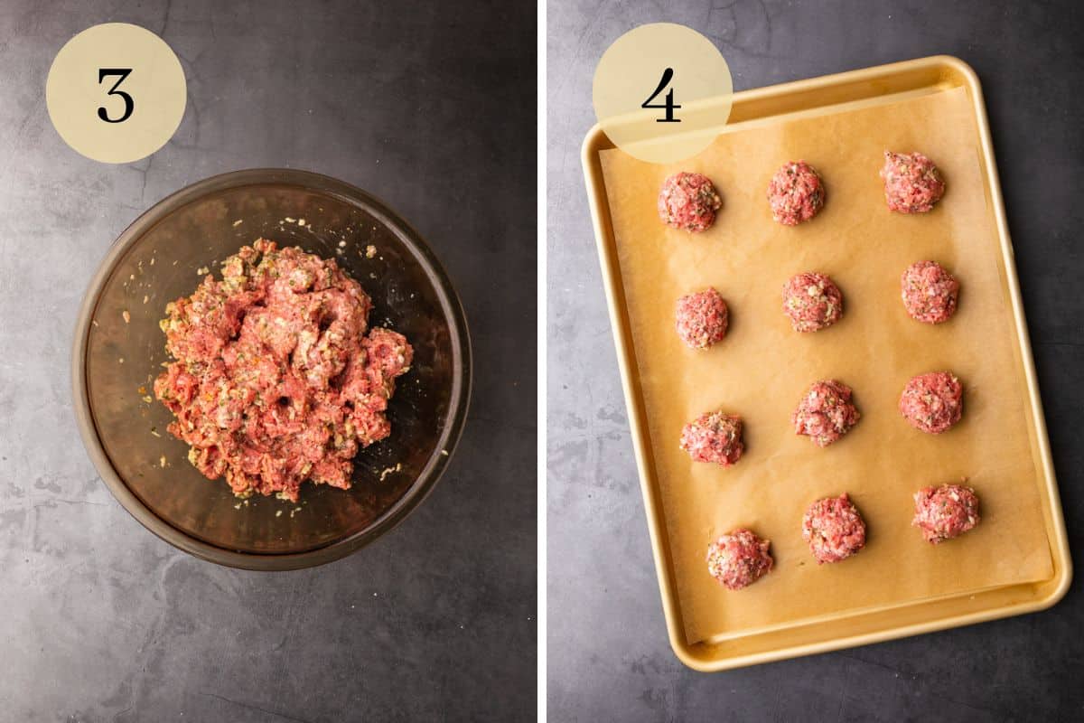 ground meat mixture with seasonings in a bowl and raw meatballs on a sheet pan.