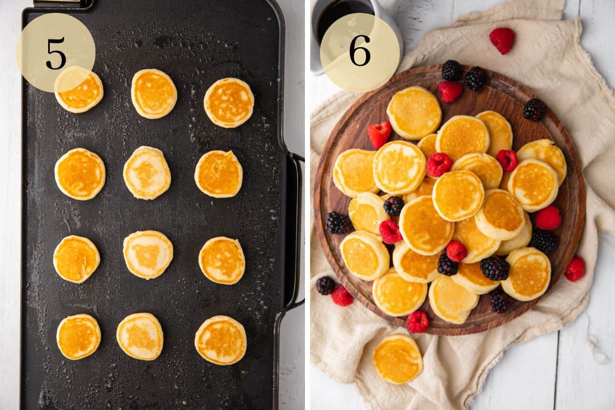 cooked mini pancakes on a griddle and stack of pancakes on platter with fresh berries.