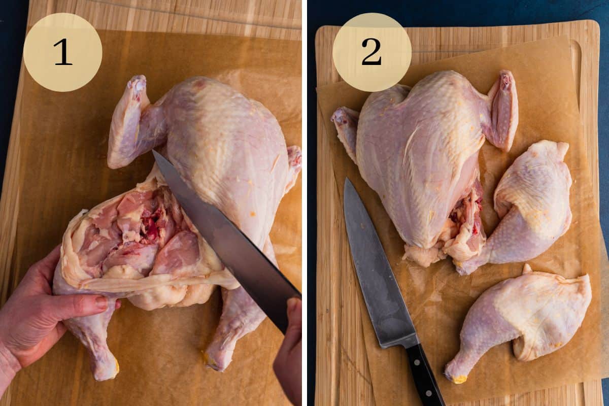 knife cutting through hip joint on chicken and legs cut off of whole chicken.