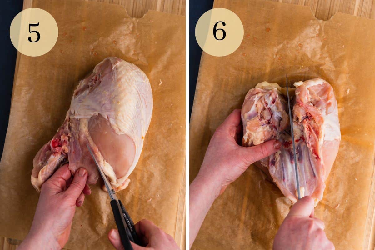 scissors cutting through chicken breast and knife cutting through breast bone.