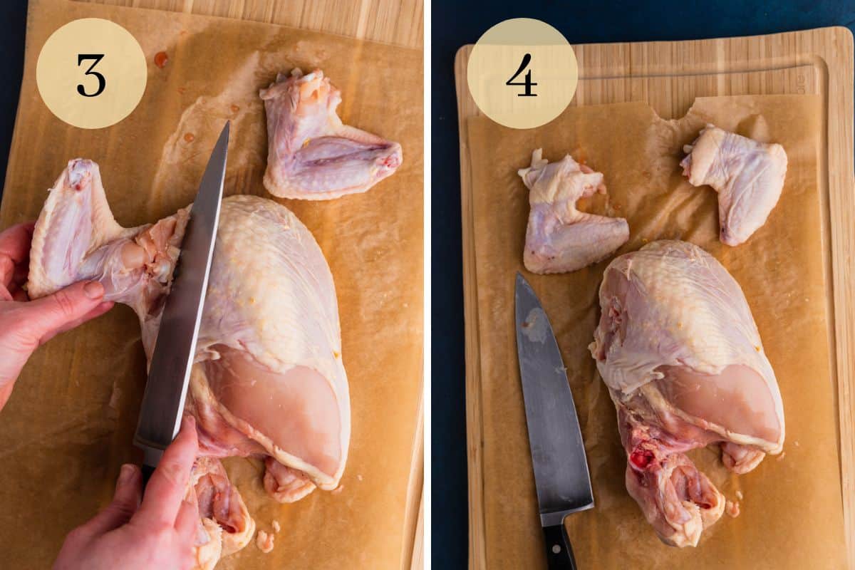 knife cutting through shoulder joint on chicken and wings removed from chicken.