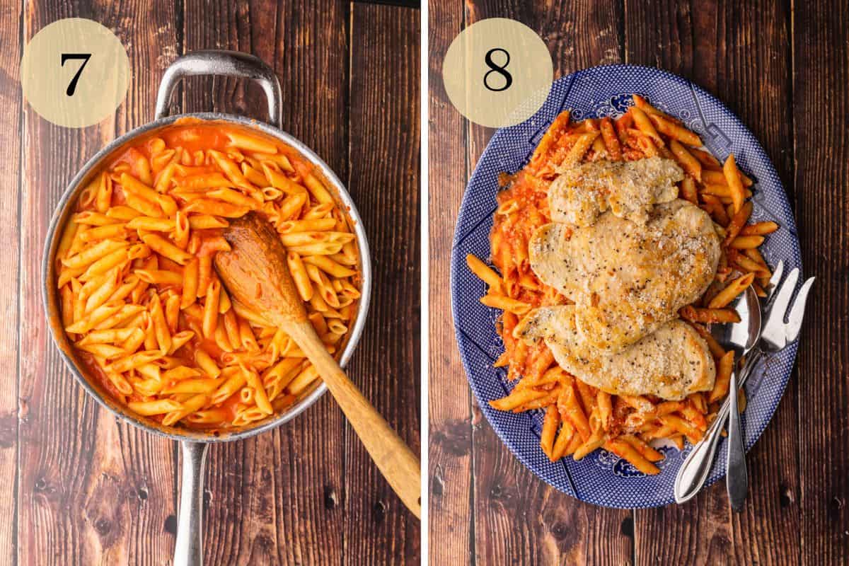 penne pasta mixed with vodka sauce and pasta with sauce on a platter topped with chicken.