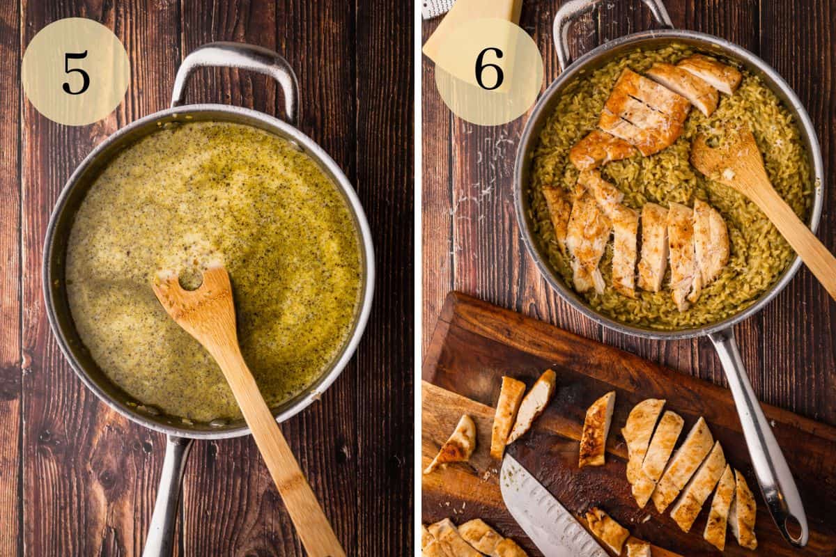 pesto and creamy mixed with orzo in a skillet and finished orzo with chicken on top.