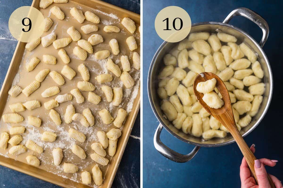 shaped gnocchi on a floured sheet pan and cooked gnocchi on wooden spoon over pot.
