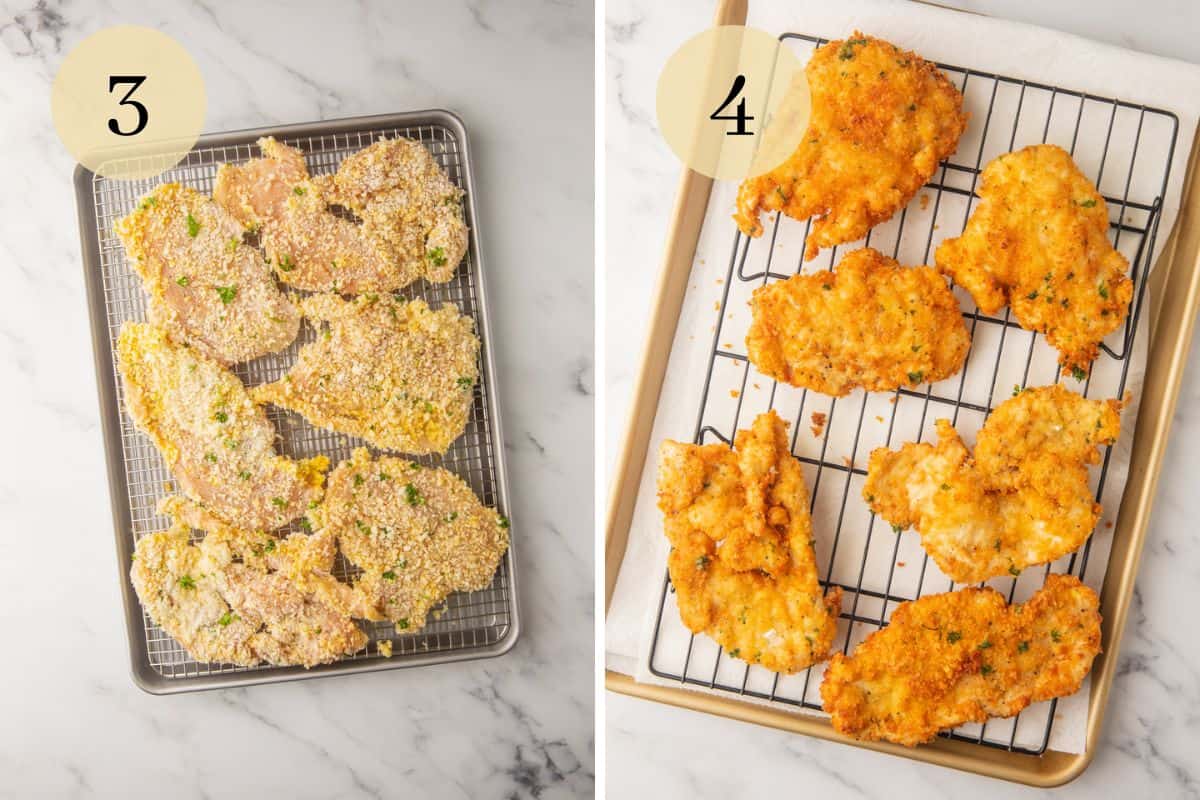 breaded chicken cutlets on rack over sheet pan and then fried cutlets on rack.