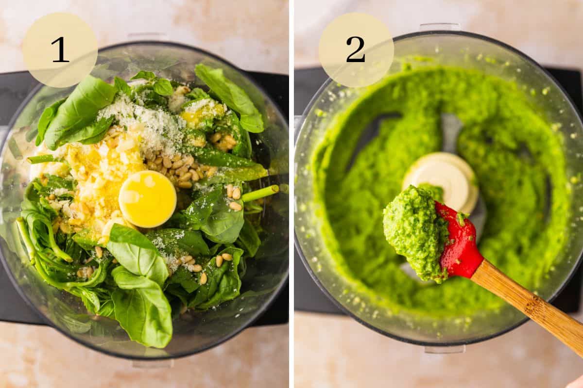 basil pesto ingredients in a food processor, before and after blending into pesto.