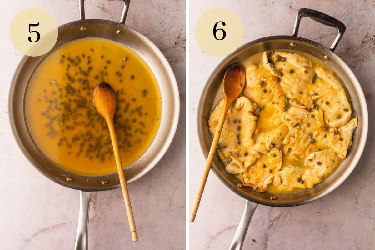 lemon caper sauce in a skillet and chicken cooking in sauce in a skillet with spoon.